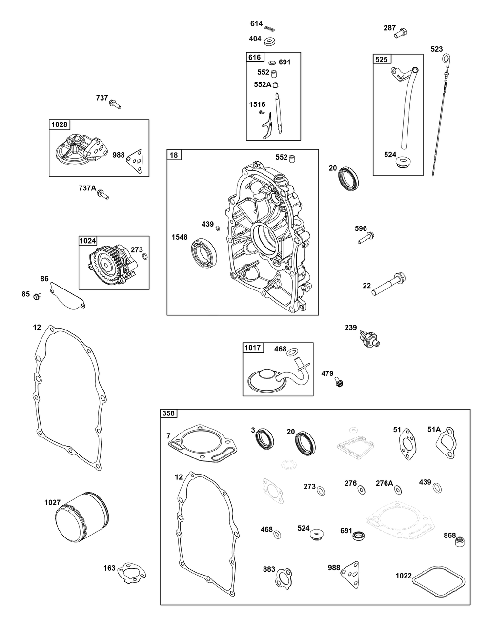 Crankcase Cover/Sump And Lubrication Group Diagram and Parts List for 356447-0701-B5 200000 - 399999 Briggs and Stratton Engine